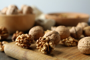 Fototapeta na wymiar Concept of healthy food with walnuts on wooden table