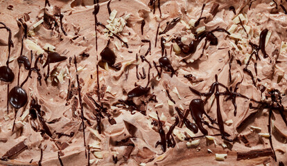 Textured chocolate ice cream surface with drizzled sauce and nut