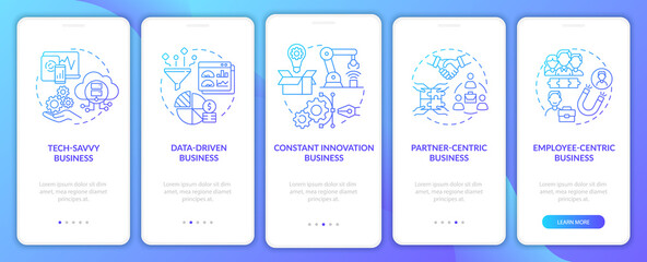 Successful business models gradient onboarding mobile app page screen. Company walkthrough 5 steps graphic instructions with concepts. UI, UX, GUI vector template with linear color illustrations
