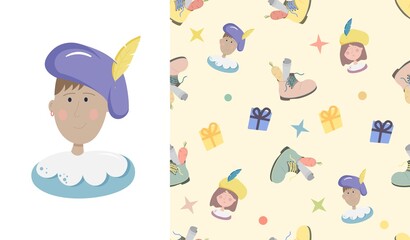 Roetpiet helper of St. Nicholas and seamless vector illustration pattern with children's boot and piet for wrapping paper concept. Dutch holiday Sinterklaas yellow background.