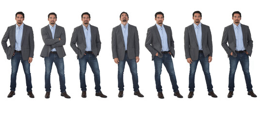 various poses of same man with blazer and jeans on white background