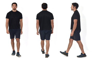 rear,front and side view of a man with sportswear walking on white background