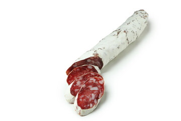 Slicing sausage salami isolated on white background