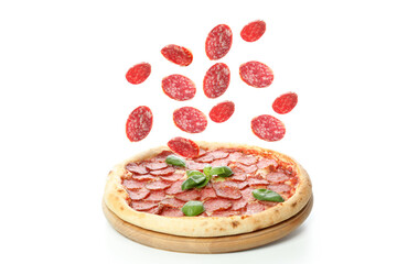 Tasty Salami pizza isolated on white background