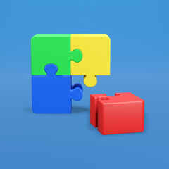 Jigsaw puzzle in action. Symbol of team work, strategy, solution, connection. Business concept. 3D render illustration. Clipping path of each element included.