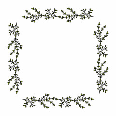 Square frame with creative green branches on white background. Vector image.