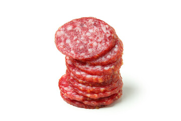Slicing sausage salami isolated on white background