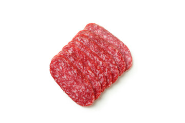 Slicing sausage salami isolated on white background