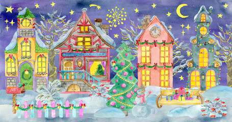 Greeting card with magic Christmas houses in village or town, with decorated conifer, trees and shrubs in snow at night.