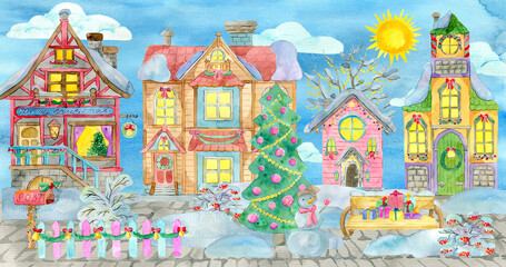 Greeting card with magic Christmas houses in village or town, with decorated conifer, trees and shrubs in snow at sunny day.
