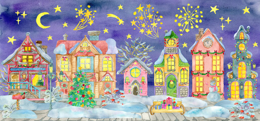 Obraz premium Greeting card with magic Christmas village and beautiful houses, with decorated conifer, trees and shrubs in snow at night.