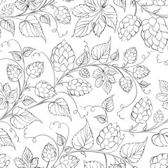 Seamless pattern of branches of hops on white background. © Kotkoa