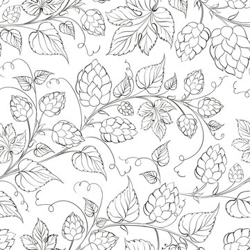 Seamless pattern of branches of hops on white background.