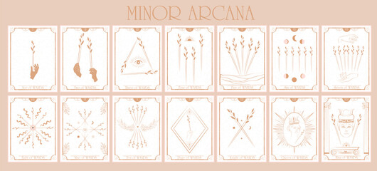 Set of Tarot card, Minor Arcana. Occult and alchemy symbolism. Wands - Facylti Creativity and will. Editable vector illustration. - obrazy, fototapety, plakaty