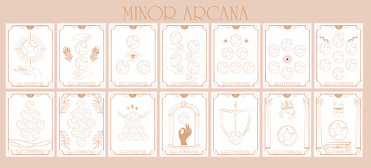 Set of Tarot card, Minor Arcana. Occult and alchemy symbolism. Pentacles - Material body or possessions . Editable vector illustration. - obrazy, fototapety, plakaty