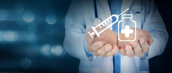 Doctor holding a vaccine and syringe icon in his hand