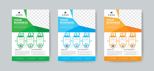 Business Flyer Template Layout with 3 Colorful Accents and Grayscale Image Masks