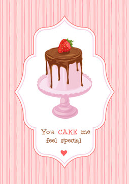 Valentines Day sweets postcard with love quote. You make me feel special phrase. Cake dessert pun. Romantic treat card design. Vector illustration.