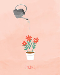 Lovely flower pot and watering can. Watering potted houseplant. Taking care of home garden. Caring for indoor plants. Invitation, Greeting card, Poster, Wallpaper. Textured vector illustration.