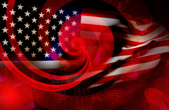 Background with American flag. USA flag stars next to red abstract background. Double exposure banner of America. Abstract architectural elements in red light. Texture with USA symbol. 3d image.