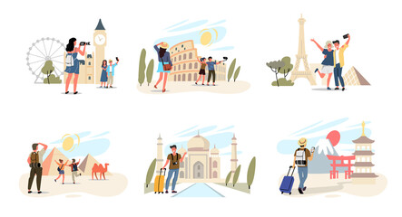 World landmarks and tourists vector. Travel theme cartoon vector characters