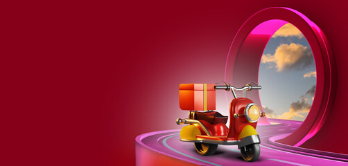 scooter drives out of round arch. Red scooter with delivery box. Moped on road without driver. Courier service metaphor. Courier order delivery. Copy space on red background. 3d rendering.