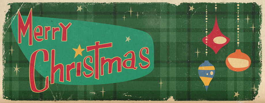 Merry Christmas Text auf grünem Karomuster Hintergrund und viele, bunte Weihnachtskugeln. Mid Century Modern Style. Weihnachtskarte Banner grunge Papier.