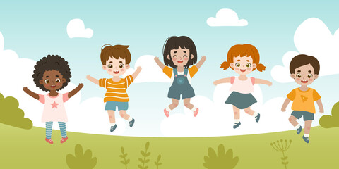 Diverse happy children jumping in park. Multiracial cartoon kids having fun activity outdoors.