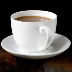 A white cup of coffee with a thick foam stands on a black table next to a multi-colored wild stone