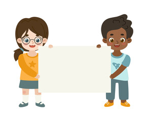 Boy and girl standing and holding empty banner together. Happy children showing blank paper sheet.