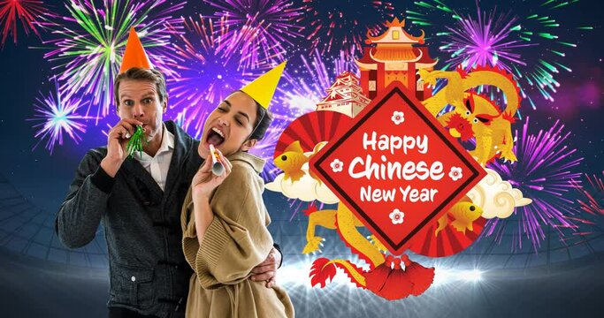Animation of happy chinese new year text, with dragon and temples, celebrating couple and fireworks