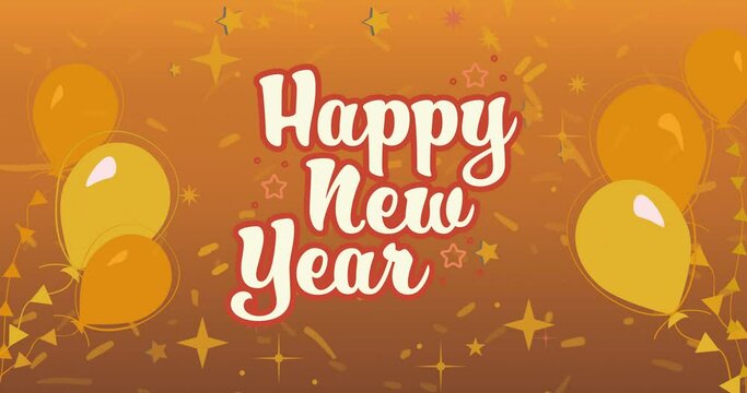 Animation of happy new year text in cream and red, with yellow balloons on orange background