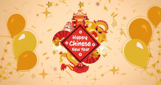 Animation of happy chinese new year text, with dragon and temples and yellow balloons and confetti