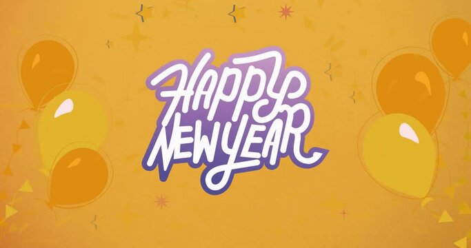 Animation of happy new year text in purple and white with yellow balloons on orange background