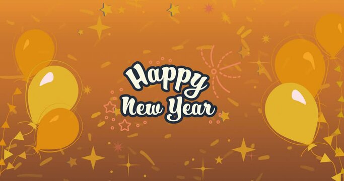 Animation of happy new year text in black and white, with yellow balloons on orange background