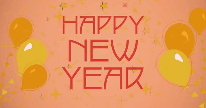 Animation of happy new year text in red with yellow balloons on orange background
