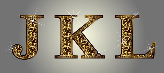Diamond alphabet letters. Stunning beautiful JKL jewelry set in gems and silver. Vector eps10 illustration.
