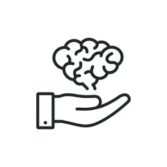 Brain on hand. Creativity, intelligence, anatomy icon line style isolated on white background. Vector illustration