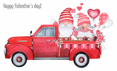 Watercolor illustration. Festive truck for Valentine's Day. Gnomes on a white background © Anna