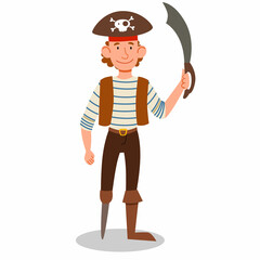 a pirate character in a suit, wearing a hat, without a leg and with a sword in his hand. vector illustration of a pirate sailor isolated on a white background