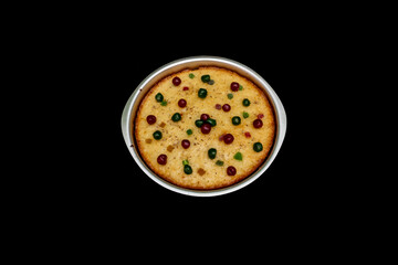 Cake in Cake Pan Decorated with Tuti Futi, Cake in Cake Pan, On the Table, On the Wooden Table, Cherry, Berry, isolated in Black Background,