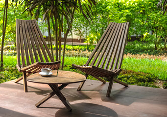 2 wooden chairs in Luxury hotel veranda in Kigomani, Zanzibar, Tanzania
