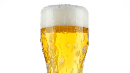 Light beer into a glass, foam flows out of the glass, white background