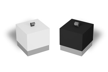 Blank white and black packaging box mockup with ribbon loop on top, isolated on white background. Realistic 3D rendering, perfect for branding and product presentation.