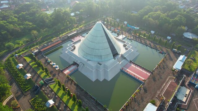 Aerial view of Monument to the Recapture of Yogyakarta. Historical Building in a Cone Shape. Monjali or Monumen Jogja Kembali. Central Java, Indonesia, November 11, 2021