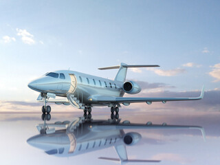 Business jet on beautiful evening sky background, standing on empty runway, waiting for vip passengers. 3D render.