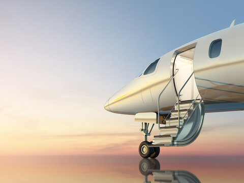 Lowered ladder of a business jet on the airport. Beautiful evening sky reflects off the runway. Close up view. 3D illustration.