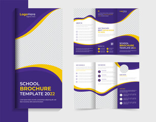 School education trifold brochure design template layout with purple and yellow organic shapes vector