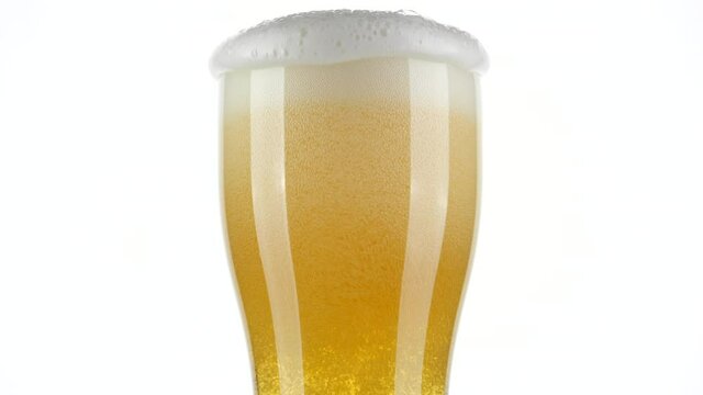 Pour light beer into a glass, foam flows out of the glass, white background. 4K UHD video