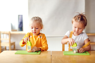 Obraz na płótnie Canvas Cute kids toddlers girls at the table cut apples with safe knives, children cut food themselves, montessori and independence in kindergarten